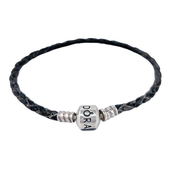 Pandora Black Leather Corded Charm Bracelet | Vintage Sterling Silver 7.5" - Picture 4 of 8